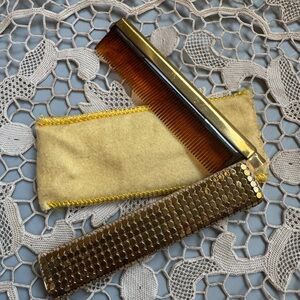 Vintage gold tone metal mesh folding pocket comb with dust bag